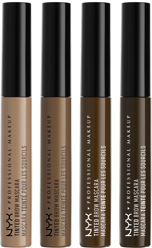 Fyra tuber med NYX professionell tonad brynmascara i olika nyanser. Varje tub har en svart lock.