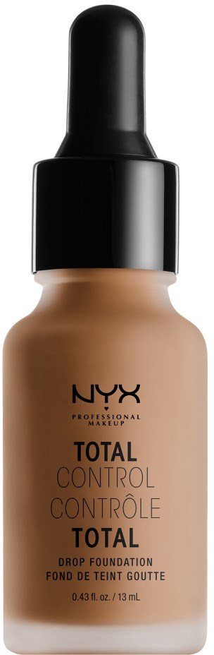 Eine beige Foundation-Flasche mit schwarzen Tropfverschluss, beschriftet NYX Total Control Drop Foundation.