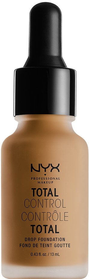 Eine Flasche NYX Total Control Drop Foundation mit schwarzem Pipettendeckel auf weißem Hintergrund.