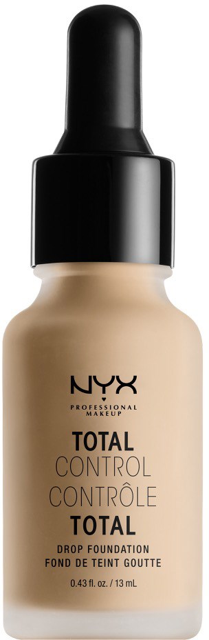 Eine beige Flasche mit NYX Total Control Drop Foundation, schwarzem Deckel und Tropfer. Einfaches Design, Markenname sichtbar.