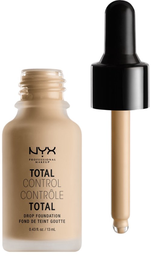 Eine Flasche NYX Total Control Drop Foundation mit Pipette. Foundation ist hellbeige.