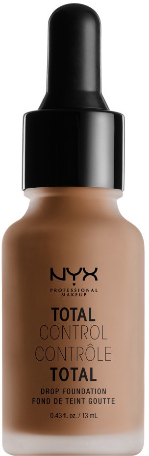 Eine Flasche NYX Foundation mit schwarzem Verschluss, beschriftet 'Total Control Drop Foundation'.