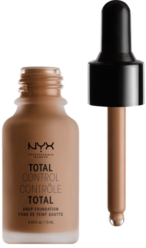 Eine NYX-Flasche mit Drop Foundation in Beige, mit Pipette. Einfaches, elegantes Design. Produktdetails auf Flasche.