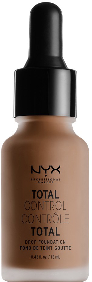 Eine Flasche NYX Total Control Drop Foundation mit schwarzem Deckel und beigefarbener Flüssigkeit.