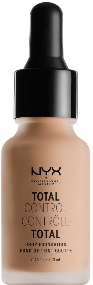 Eine Flasche NYX Total Control Drop Foundation mit schwarzem Tropfer und beige Flüssigkeit.