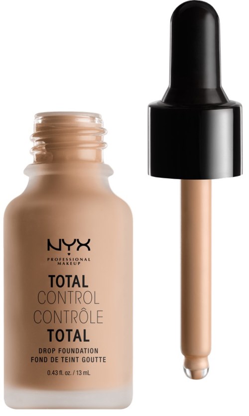 Eine Flasche NYX Grundierung mit Tropfer vor weißem Hintergrund.