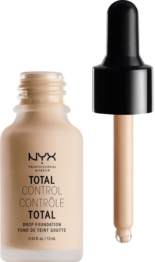 Eine Flasche NYX Total Control Drop Foundation mit schwarzem Tropfer, gefüllt mit flüssiger Foundation.