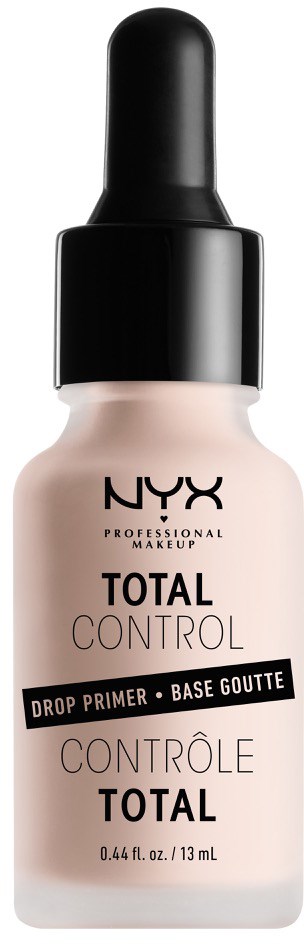 En liten flaske med NYX Total Control Drop Primer med svart helletut.