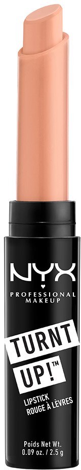 En tub av NYX Turn Up! läppstift i en nude nyans, visad upprätt mot en svart bakgrund.