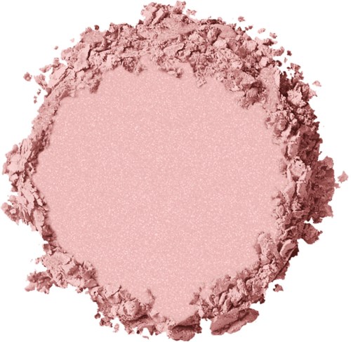 En rosa, puderlik makeup blush med utspridd löspuder runt den.