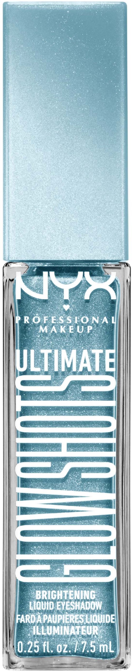 En klar neglelakkflaske med sølvhette, merket som NYX Ultimate Shine Brightening Liquid Eyeshadow.