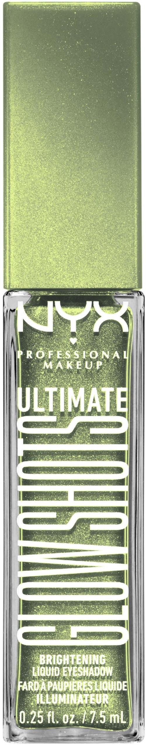 Skinnende grønn kosmetikkrør med NYX Ultimate Brightening Liquid. Lysende formel, 0,57 oz, for øyeskygge.