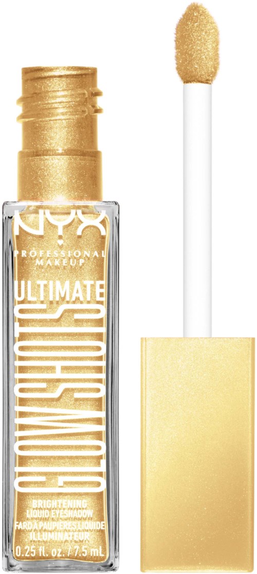 En gullfarget leppestift med gjennomsiktig tube og hvit og gull applikator. Merket sier 'NYX Professional Makeup Ultimate Shadow Primer.'