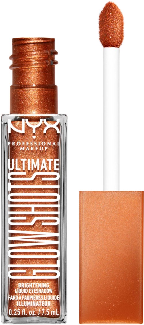 En flytende øyeskyggeampulle med svampapplikator, merket NYX Ultimate Brightening. Produktet er oransjebrun.