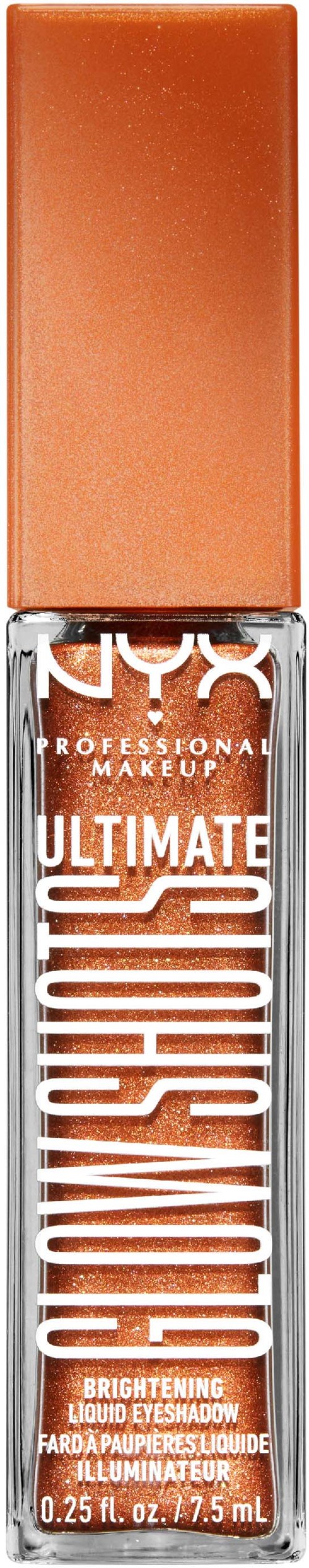 En flaske med NYX Brightening Liquid Eyelid Shadow med kobberfarget lokk.