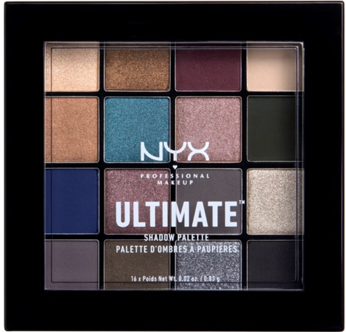 A NYX eyeshadow palette with 16 different colors, including shimmery and matte shades, arranged in a square case.