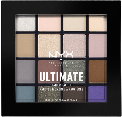 A black box contains a 16-shade eyeshadow palette labeled 'NYX Ultimate Shadow Palette.' The shades range from light to dark, with various colors.