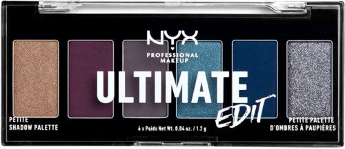 Six eyeshadow shades in gold, purple, pink, blue, and silver, in a black rectangular palette.