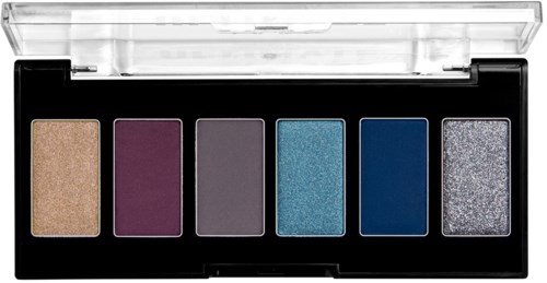 A makeup palette with six eyeshadow colors: gold, purple, gray, blue, navy, and silver glitter.