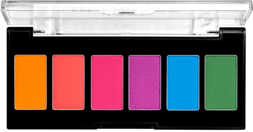 Colorful eyeshadow palette with six shades: orange, red, pink, purple, blue, and green.