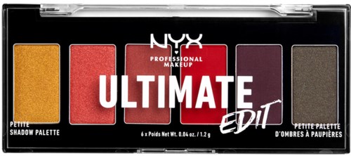 Een make-up palette met zes verschillende tinten, inclusief rood, geel en donkere kleuren, met de naam 'Ultimate Edit' door NYX.