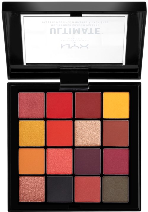 Eine Palette mit 16 bunten Make-up-Tönen in einem 4x4-Raster in einem schwarzen Gehäuse.