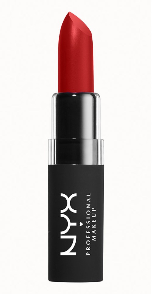 En rød leppestift i et svart og sølvrør med NYX-logoen på.