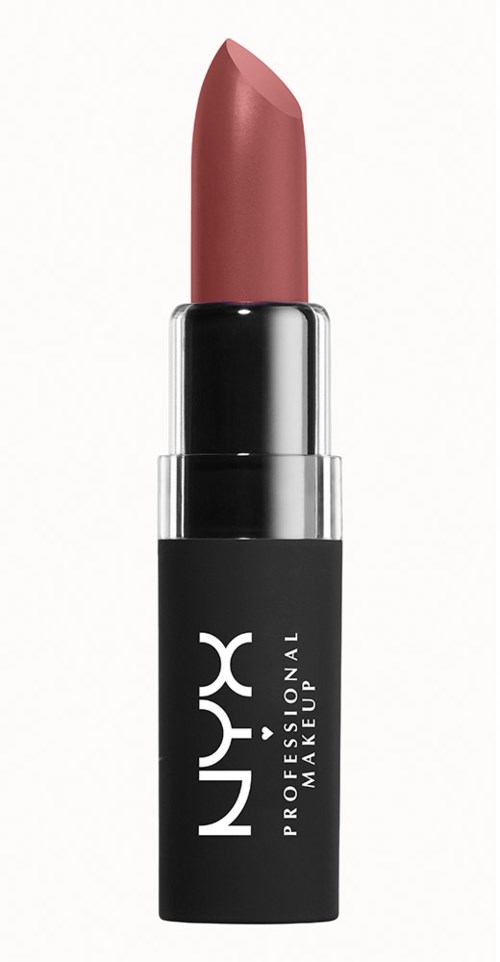 En leppestift i svart tube med NYX-logo, viser en rosa-brun farge.