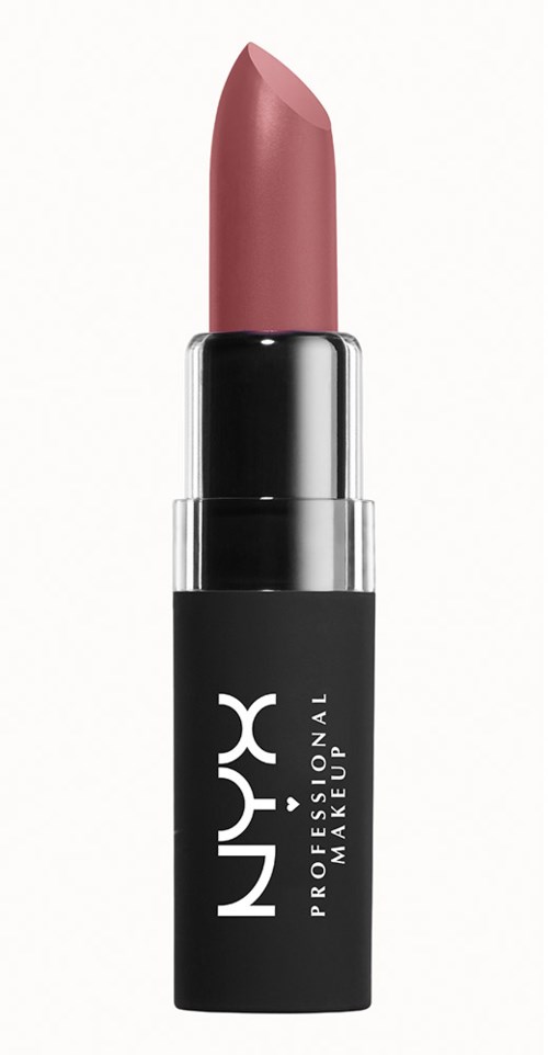 En rosa leppestift i en svart tube med hvit tekst, merket 'NYX Professional Makeup'.