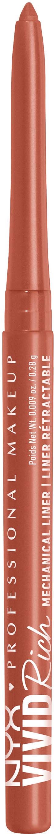 En pink læbepen, med hvid tekst, står lodret, mærket 'Vivid Matte Lip Liner' til makeup.
