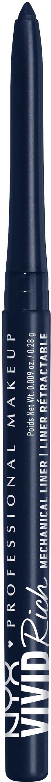 En blå eyeliner blyant med teksten "Professional Makeup" og "Vivid Bright Eyeliner Retractable".