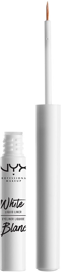 Biała konturówka do ust z długim, cienkim końcówką, obok pasująca nakrętka. Logo NYX i informacje o produkcie na tubce.