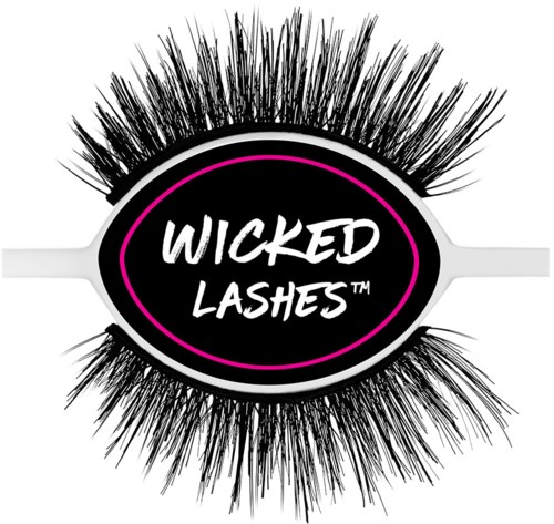 En logga med orden 'Wicked Lashes' inuti en ögonform, omgiven av långa fransar och rosa detaljer.