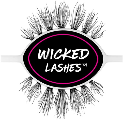 En logo med falska fransar runt kanten och texten "Wicked Lashes" i mitten.