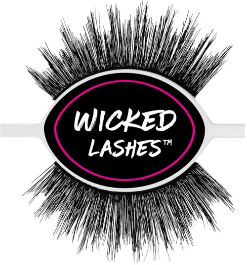 En logo med tjocka ögonfransar runt en svart oval. Texten säger "Wicked Lashes" med en rosa kontur.
