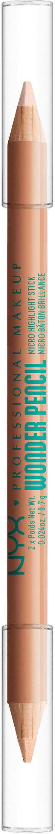 Een beige make-upproduct in potloodvorm met blauwe en oranje tekst.