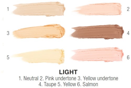 Six color swatches labeled with names: neutral, pink, yellow, taupe, yellow, salmon.