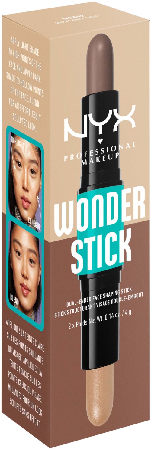 NYX Wonder Stick on kaksoisjuttoväri- ja varjostussuti beige- ja mustaan pakkaukseen.