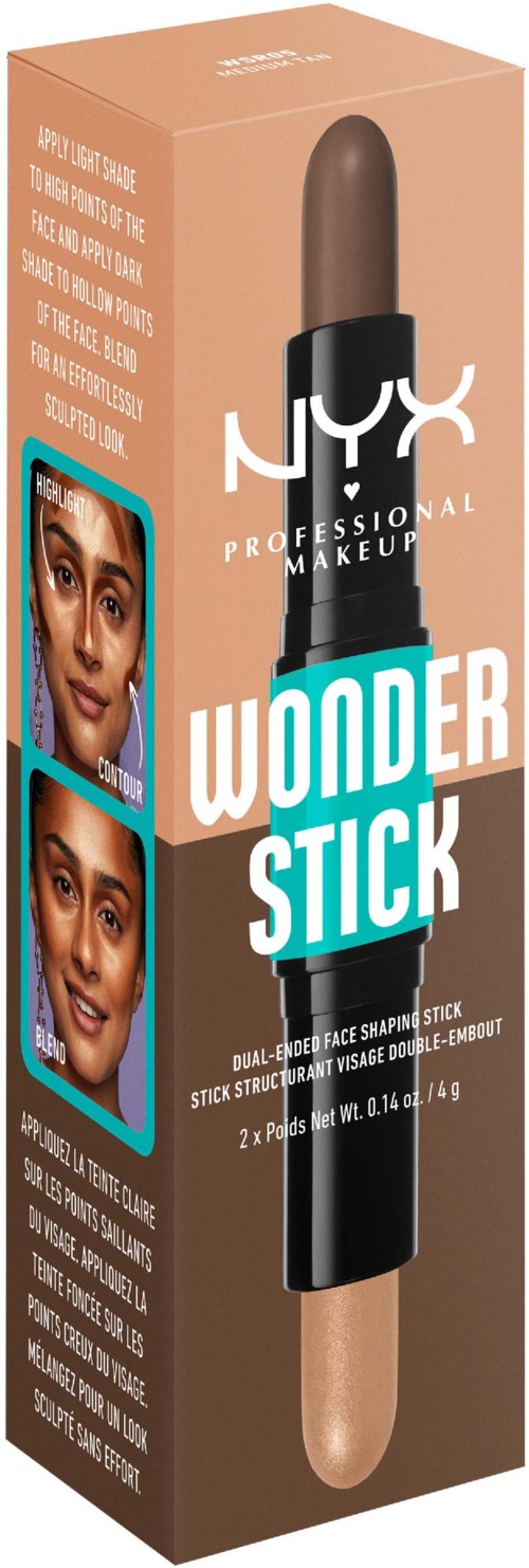 Pakkaus NYX Wonder Stick kasvojen ja silmän rajaukseen meikille, kuvissa näkyy kasvot ennen ja jälkeen käytön.