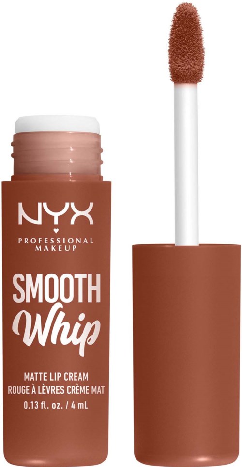A NYX lip cream tube with a wand applicator, in light brown shade, labeled 'Smooth Whip' matte lip cream.