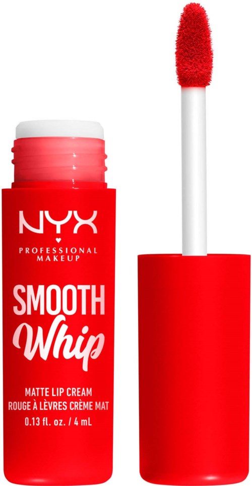 En röd läppglansrör med en vit vass och svampapplikator, märkt NYX Smooth Lip Gloss.
