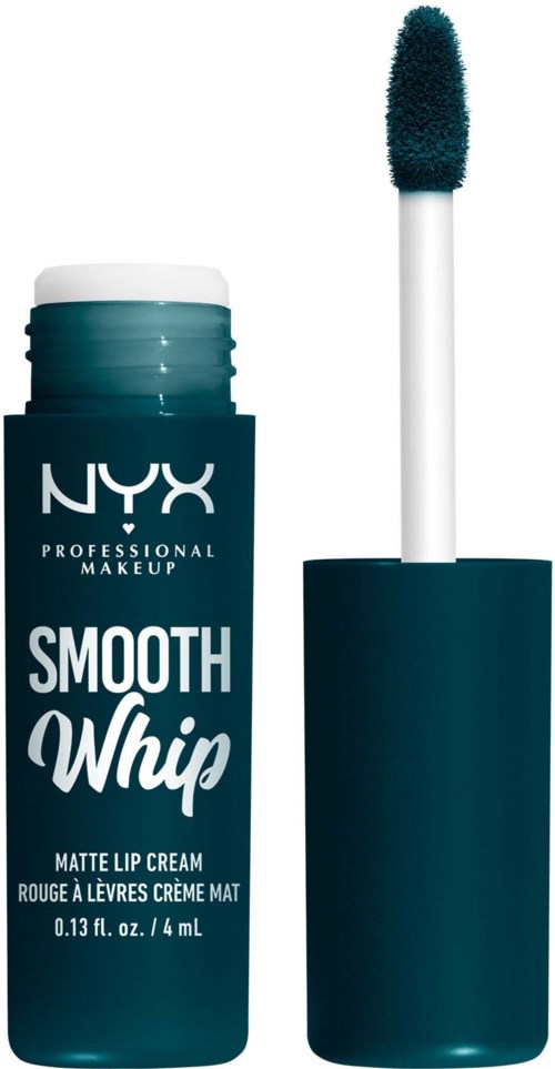 En blå tub med NYX Smooth Whip matt läppkräm med applikator utanför.