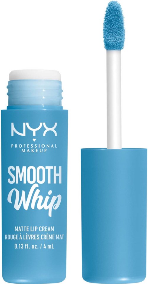 Ett blått läppbalsamstift med vit lock och en applikator med blå produkt.