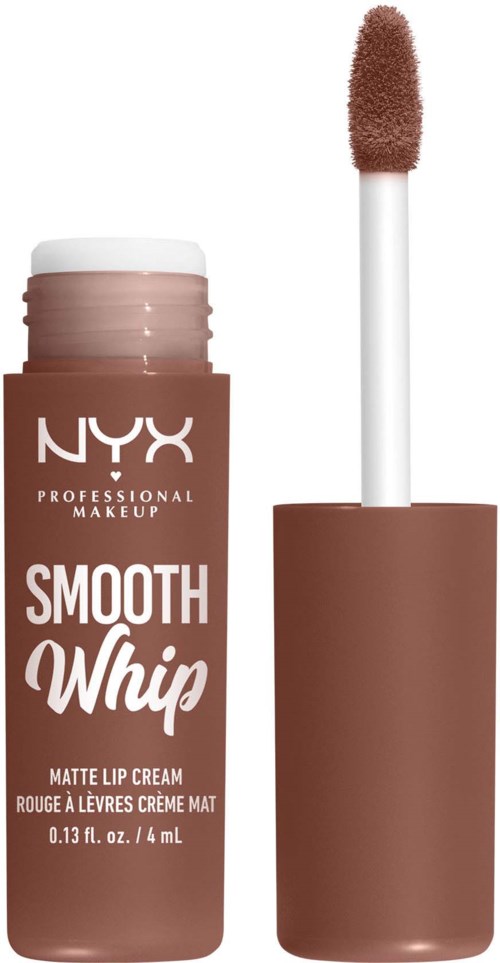 Ett NYX matt läppkrems med en brunt nyans och applicator med borste.