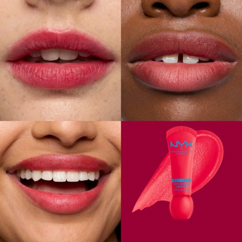  Nahaufnahme von Lippen mit rotem Lippenstift, zeigt verschiedene Hauttöne und Lippenformen, und eine Lippenstift mit verschmierter Farbe.