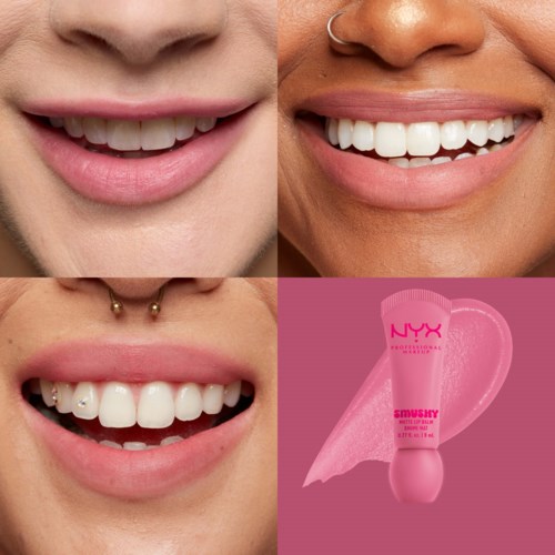 Lächeln, das Zähne zeigt, und eine pinke Tube NYX Lipgloss.