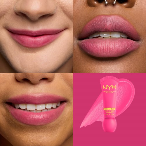 Nahaufnahme von zwei Frauen mit pinken Lippen und einer pinken NYX-Brand-Lippenstift.