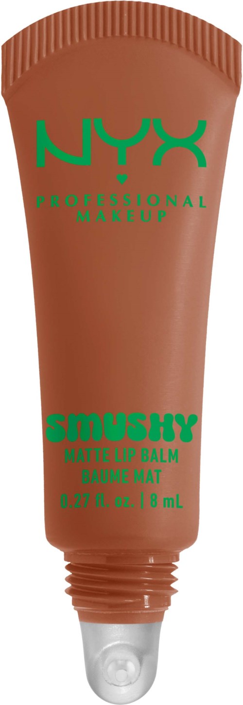Ein brauner Tuben von NYX Smushy Matte Lip Balm mit grüner Schrift und weißer Spitze.