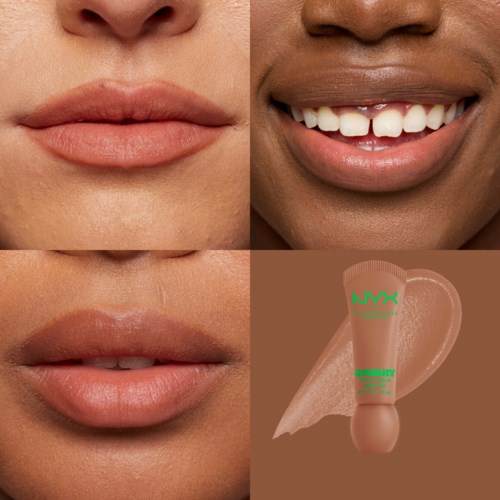 Nahaufnahme verschiedener Smile und eine Illustration von NYX Foundation Concealer.