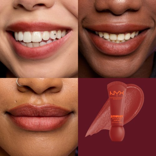 Nahaufnahme von drei lachenden Frauen mit unterschiedlichen Hauttönen und weißen Zähnen, mit einer NYX Lipgloss im unteren rechten.